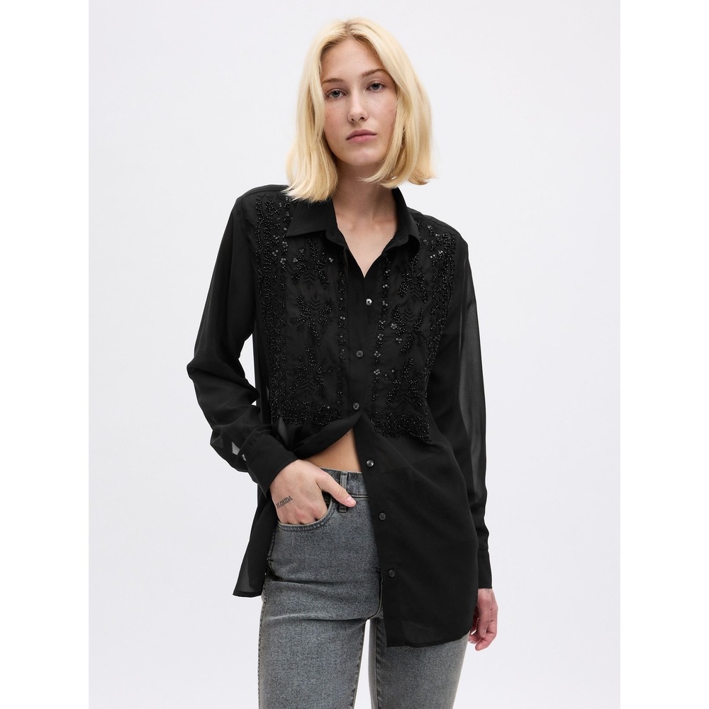 NWT GAP Black Sheer Embellished Boyfriend Shirt XXS Long Sleeve Button‎ Up Top